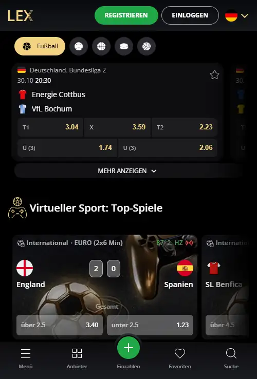 Mobile Oberfläche mit Sportbereich auf einem Smartphone