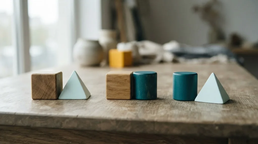 Geometrisch angeordnete neutrale Holzelemente auf einem Tisch