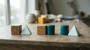 Geometrisch angeordnete neutrale Holzelemente auf einem Tisch