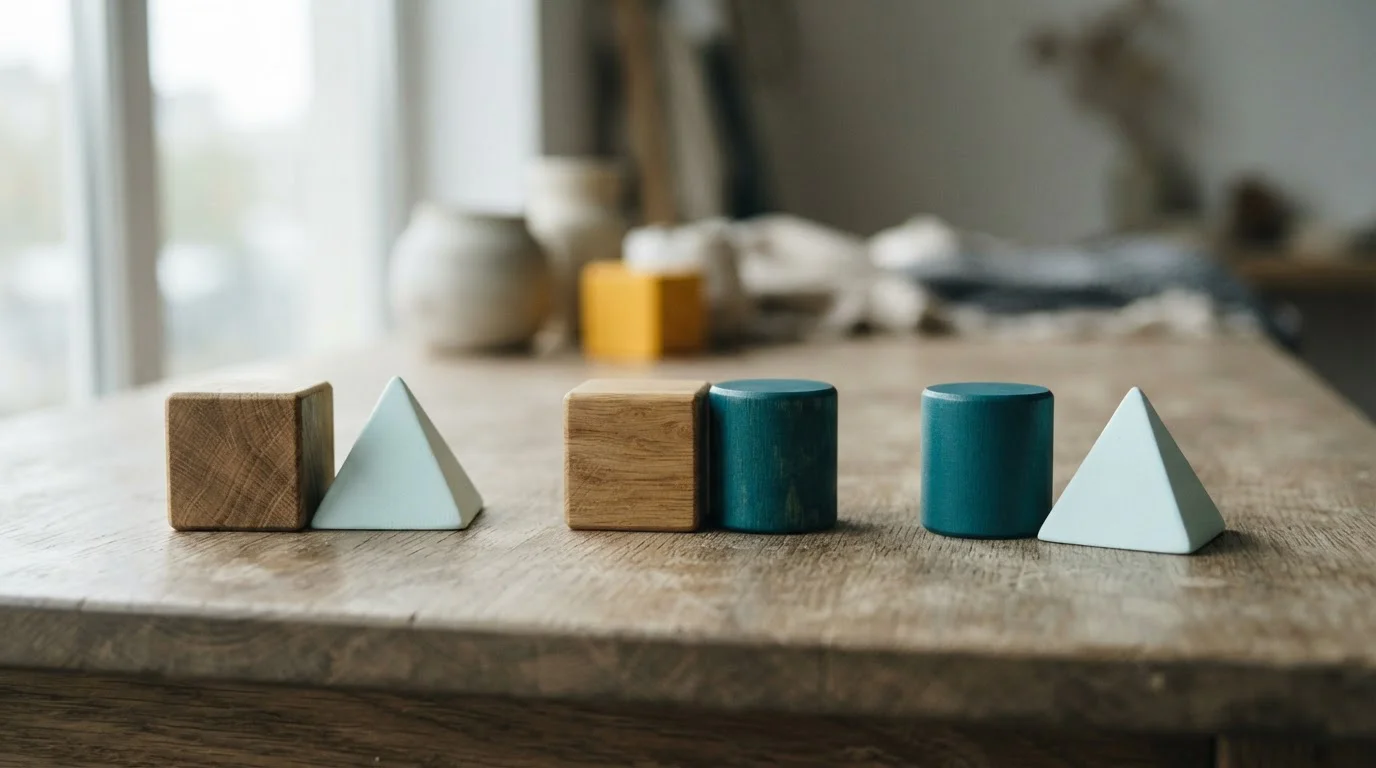 Geometrisch angeordnete neutrale Holzelemente auf einem Tisch